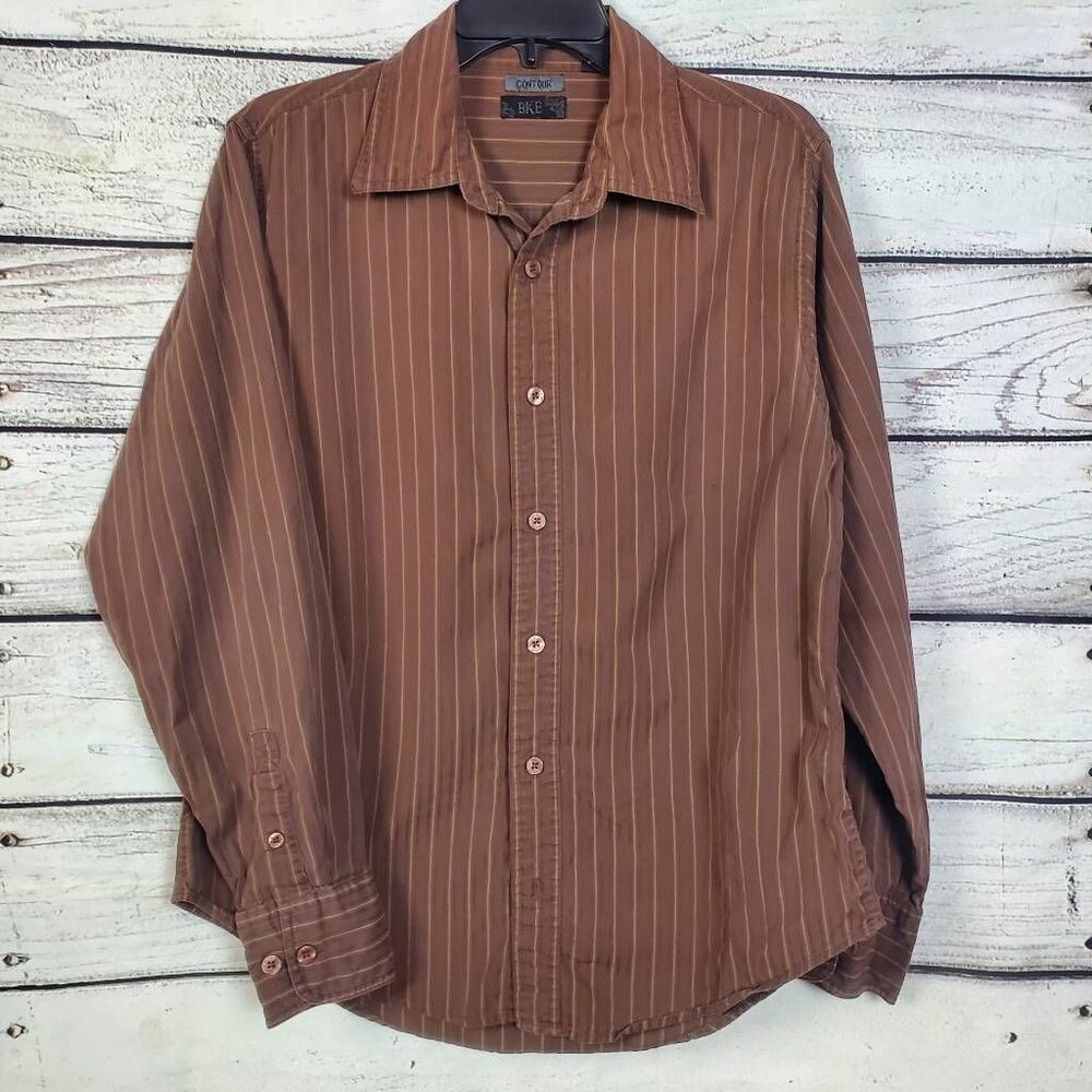 BKE Contour Men’s Long Sleeve Striped Button-Up Shirt Brown Medium Casual Dress